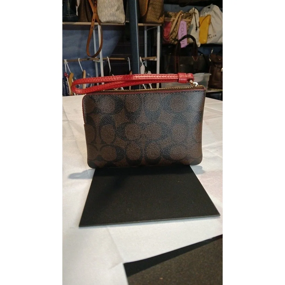 Coach Corner Zip Wristlet in Signature Canvas with Red Stripe